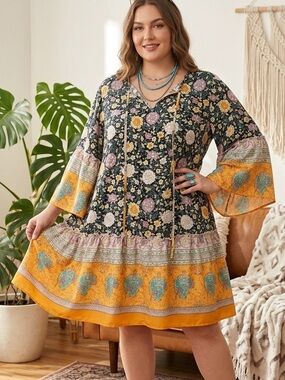 RusttyDustty Boho Bell Sleeve Popover Dress Size 3X